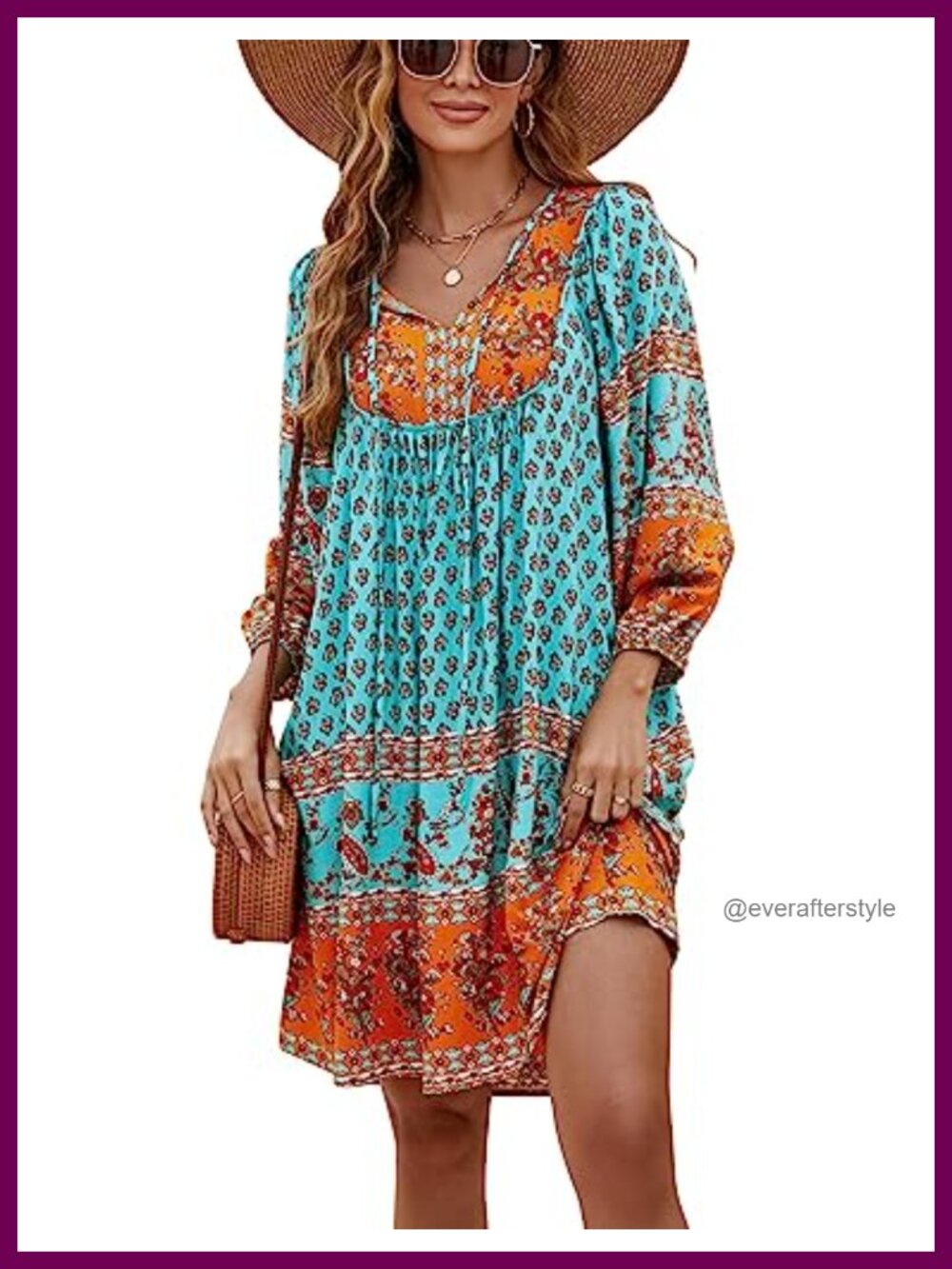 Bluetime Women's 3/4 Sleeve Babydoll Dress V-Neck Floral Print Casual Summer